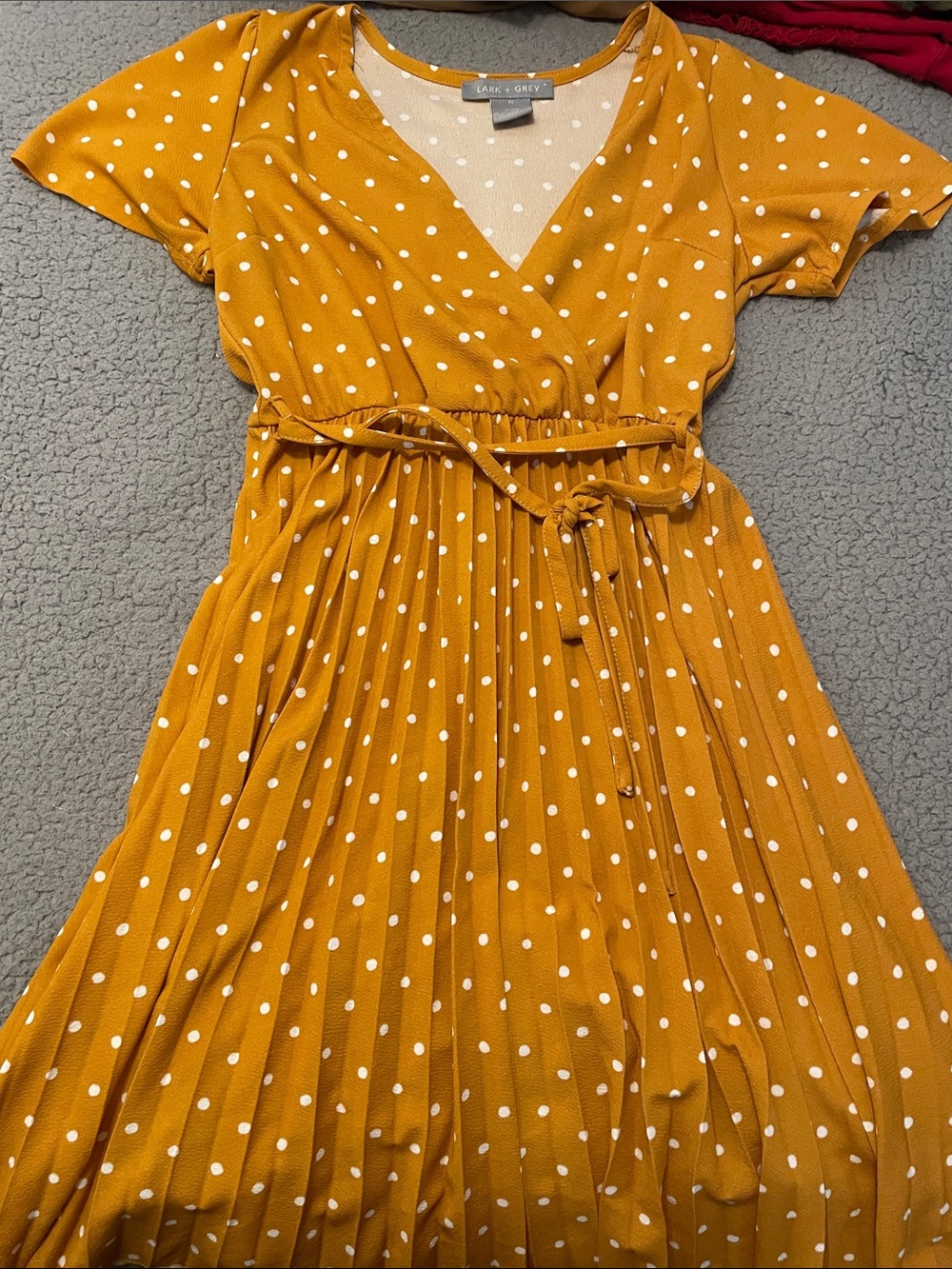 Polka Dot V-Neck Midi Dress with Waist Tie - Yellow